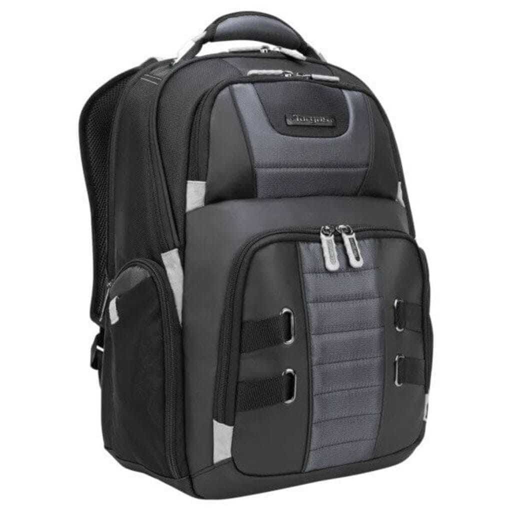 Black and gray backpack with multiple compartments on a white background
