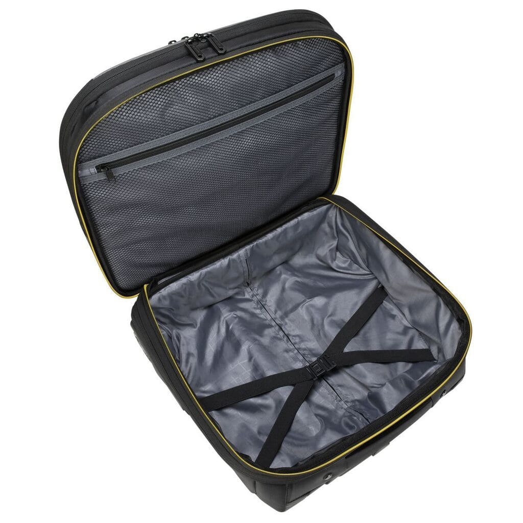 Open black suitcase with interior details on a white background