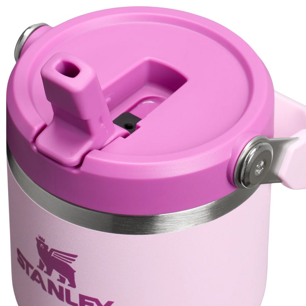 Pink Stanley mug with a lid on a white background