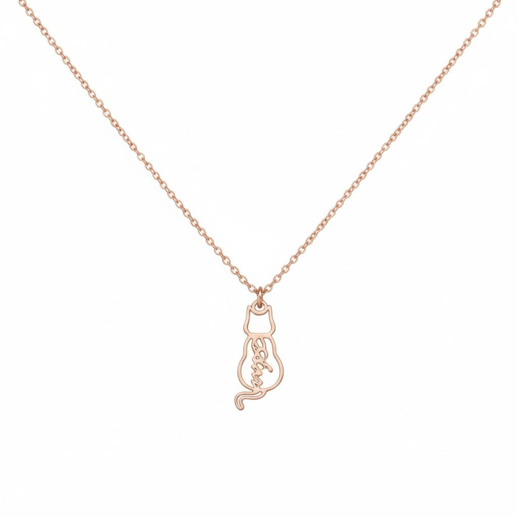 Rose gold necklace with a cat-shaped pendant on a white background