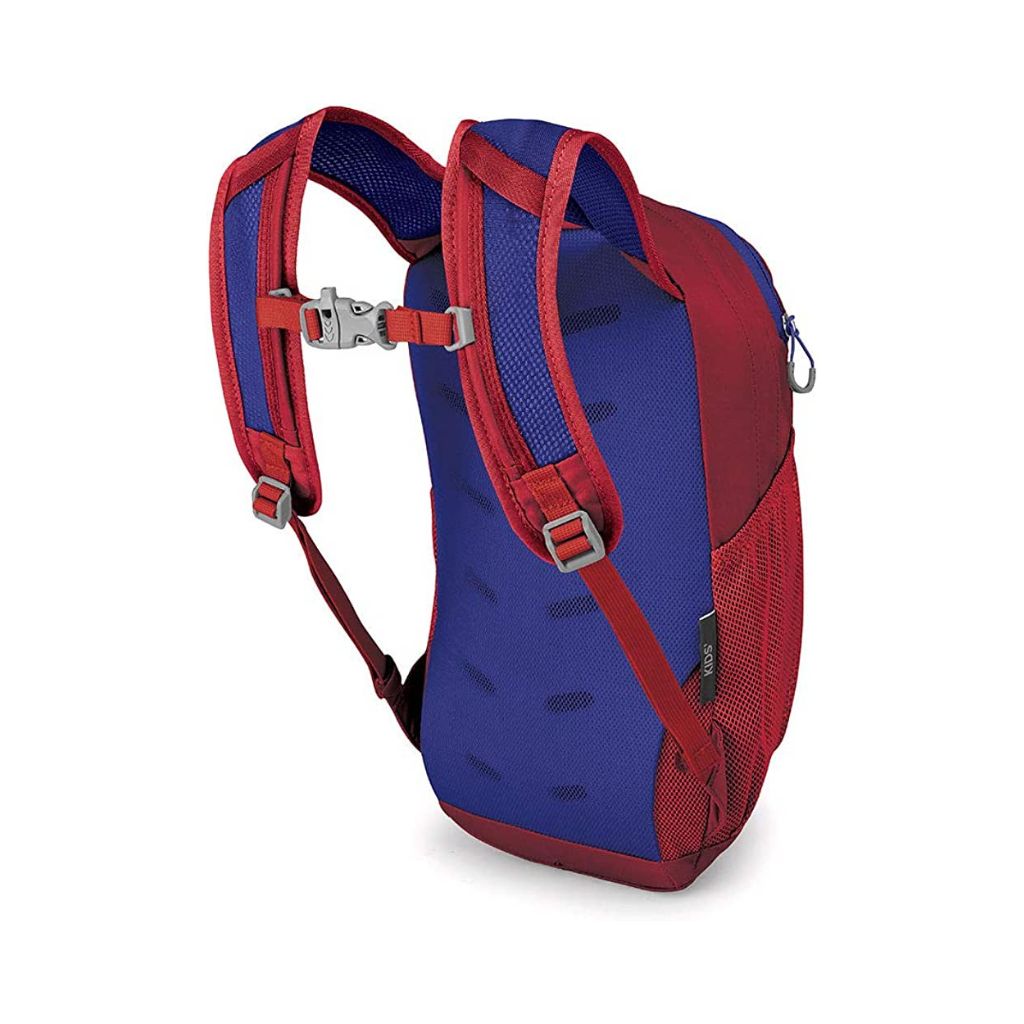 Red and blue backpack on a white background
