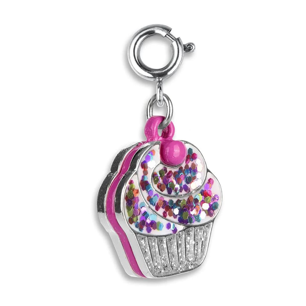 Cupcake charm with colorful sprinkles and pink accents on a white background