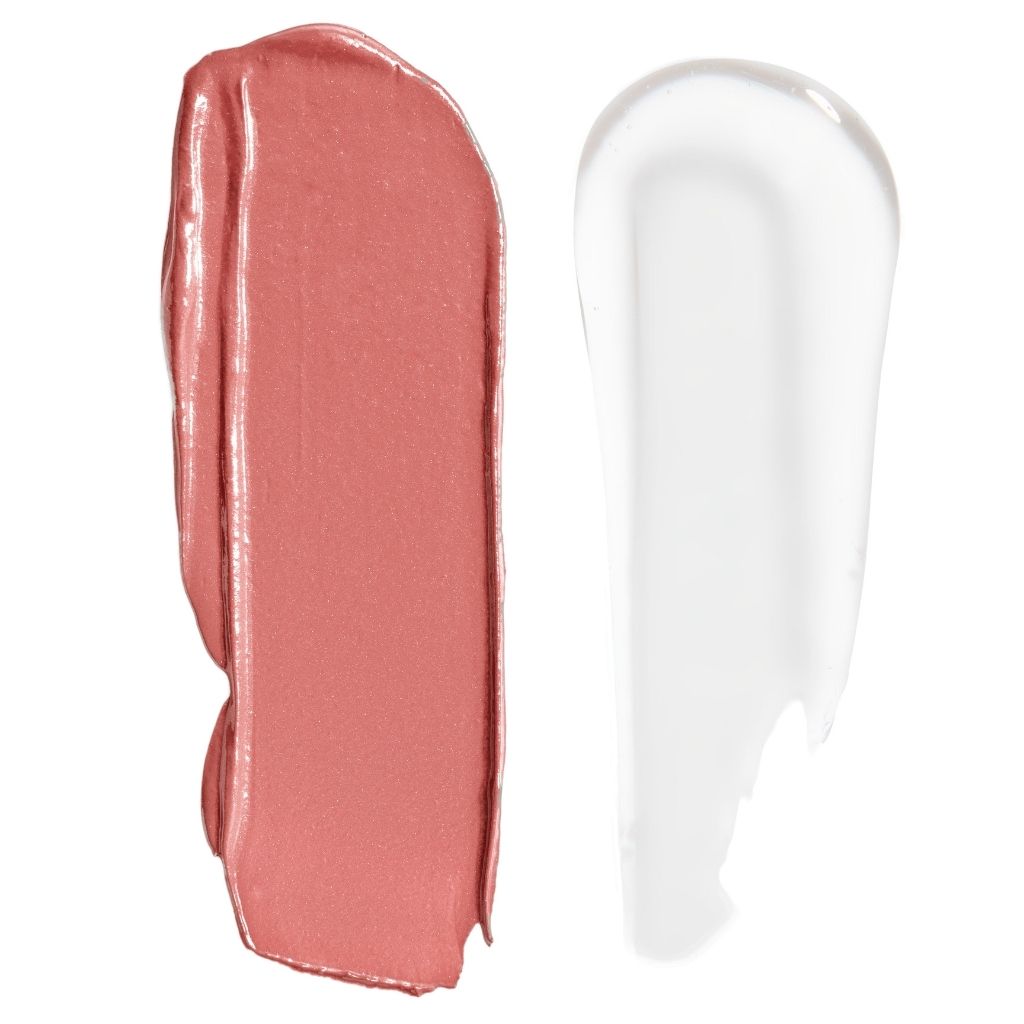 Two swatches of lip gloss, one pink and one clear, on a white background