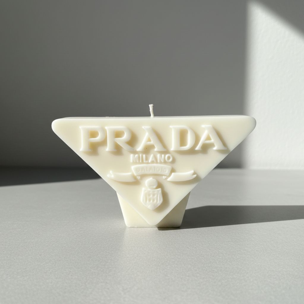 Candle shaped like a triangle with 'PRADA MILANO' branding on a gray background
