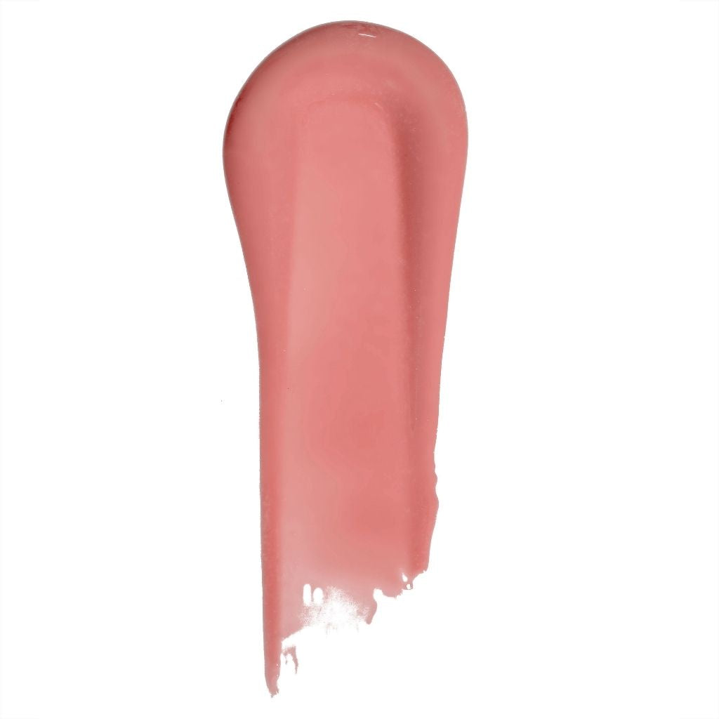 Pink lip gloss swatch on a white background