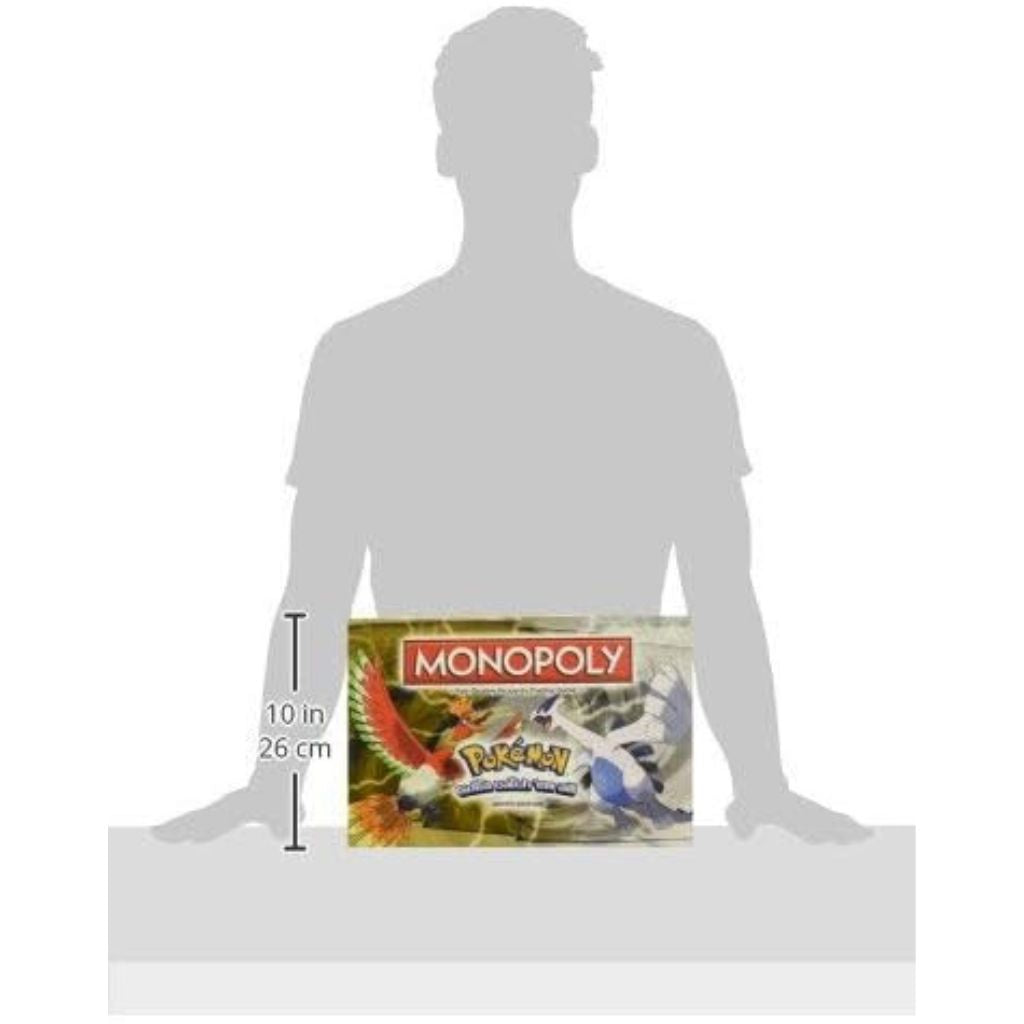 Monopoly game box with a silhouette of a person holding it, showing its size.