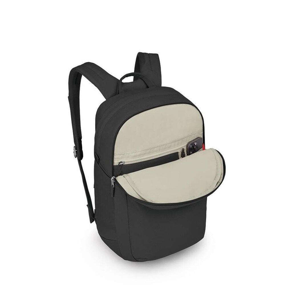 Black backpack with a beige interior on a white background