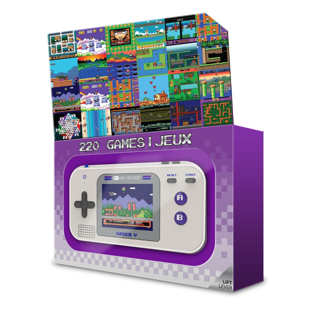 Handheld gaming console with 220 games on a colorful box design.