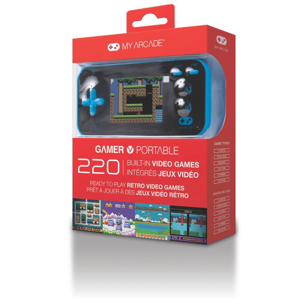 Portable gaming device packaging with red top and colorful front displaying game graphics.