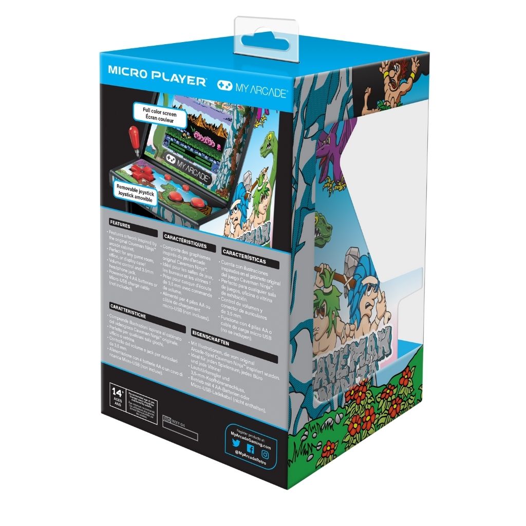 Box packaging of a micro player by MY ARCADE with colorful graphics and text.