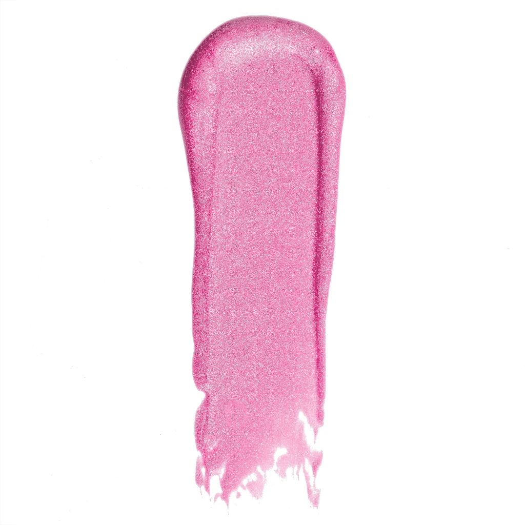 Pink lip balm swatch on a white background