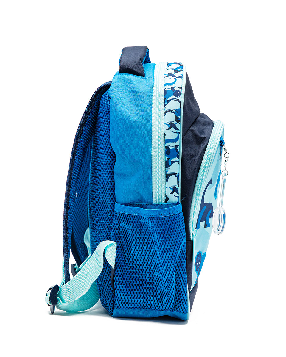 Blue children's backpack with dinosaur pattern on a white background
