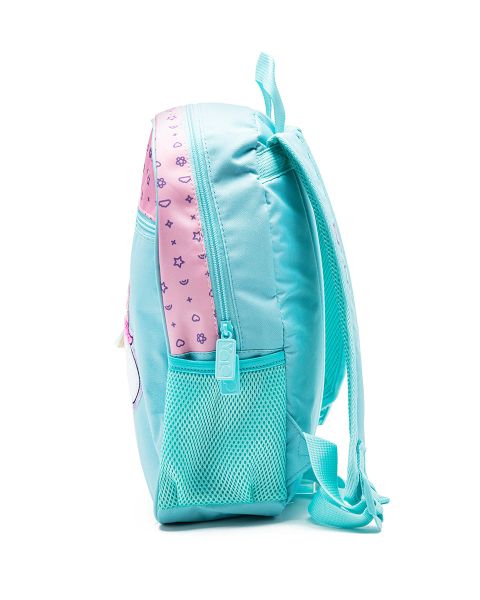 Light blue backpack with pink patterned side panel on a white background