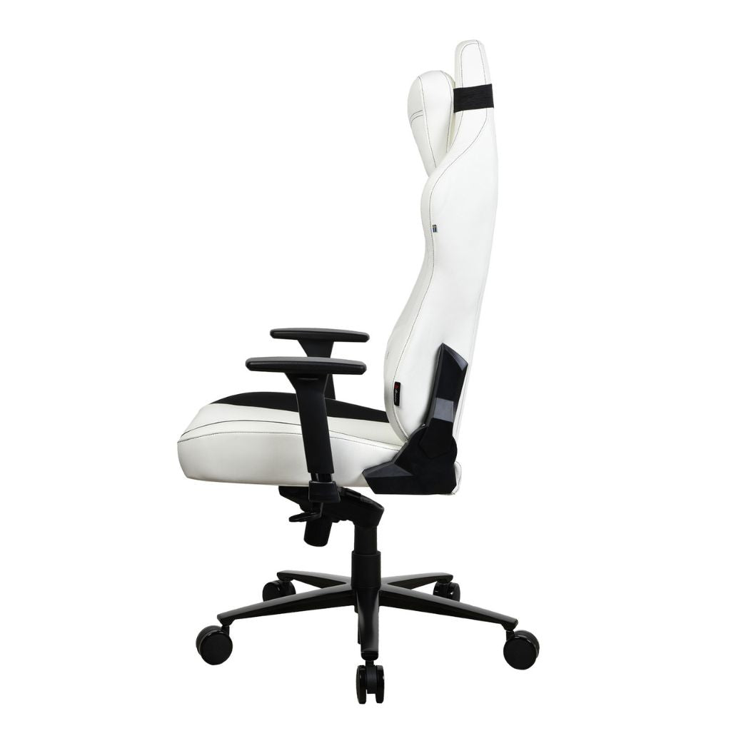 White office chair with black accents on a white background