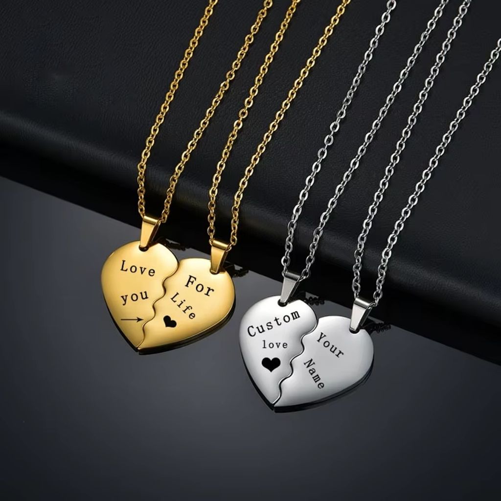 Personalized Quote or Name Split Heart Necklace Set