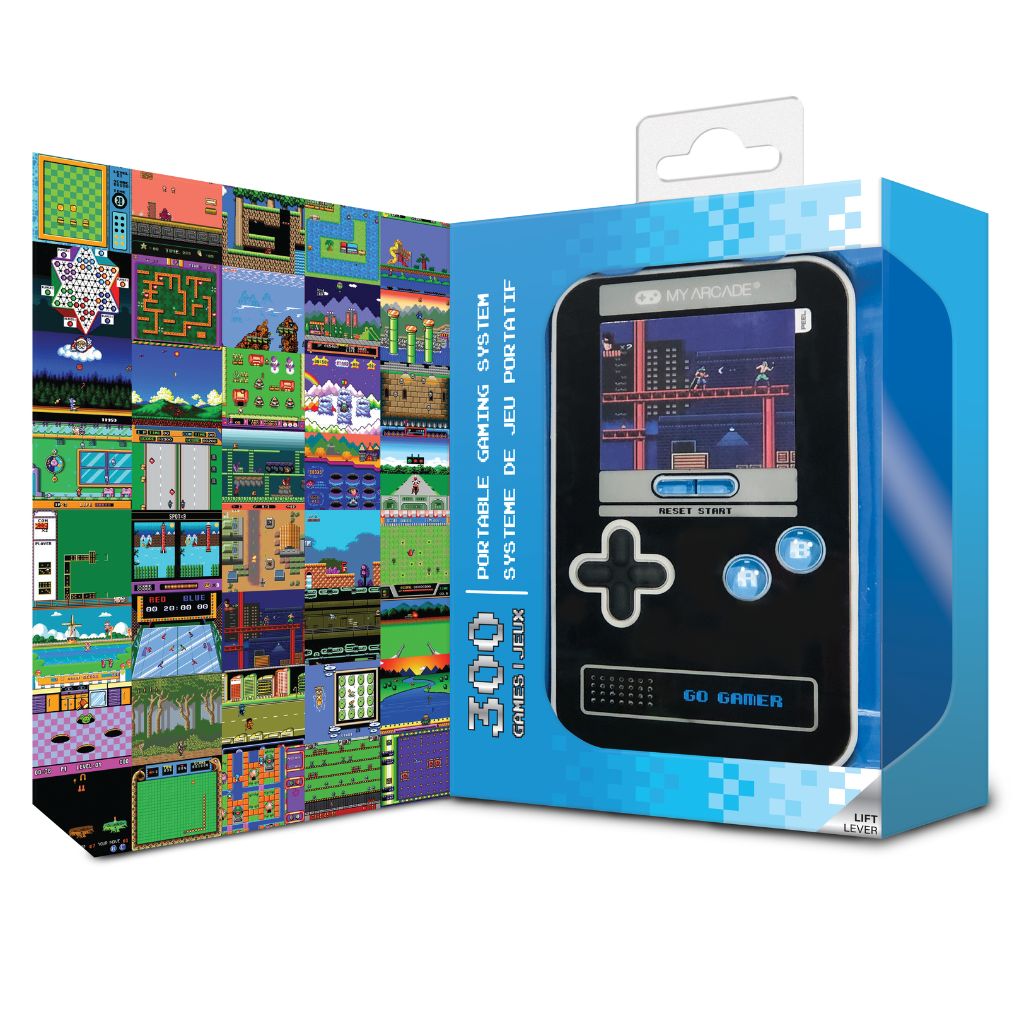 Handheld gaming system with retro games displayed on a blue box