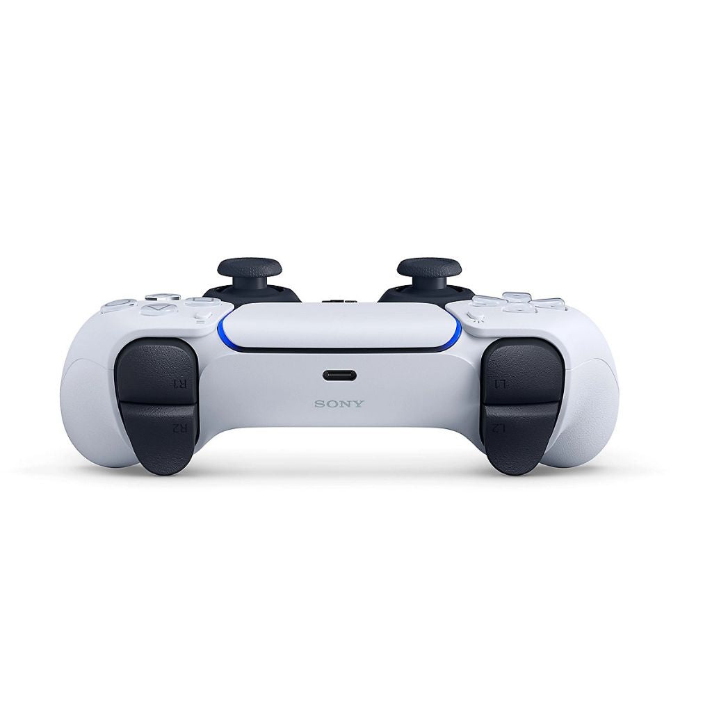 White gaming controller with black accents on a white background
