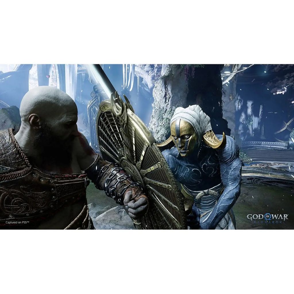Two characters from 'God of War' holding a weapon with a mountainous background