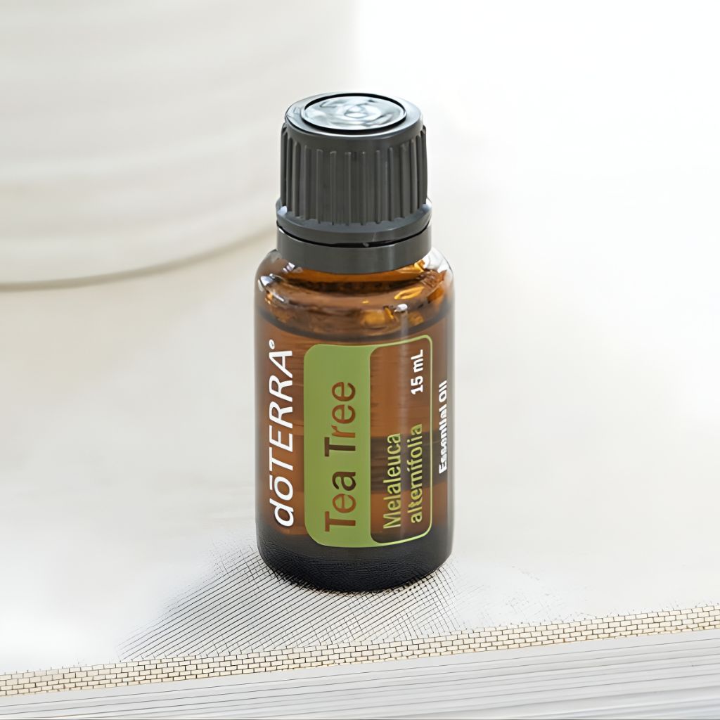 doTERRA Tea Tree essential oil bottle on a light background