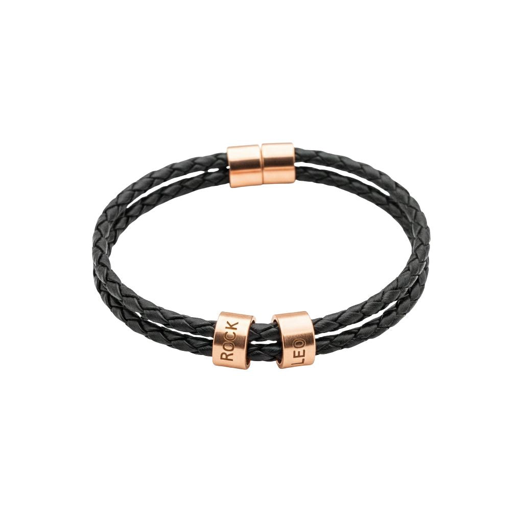 Black braided leather bracelet with rose gold magnetic clasp on a white background