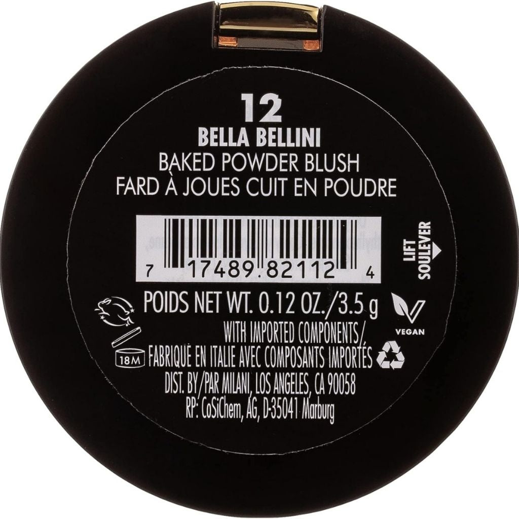 Back of a Bella Bellini baked powder blush container with label and barcode.