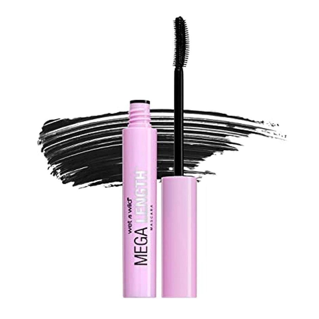 Pink mascara with black wand on a white background