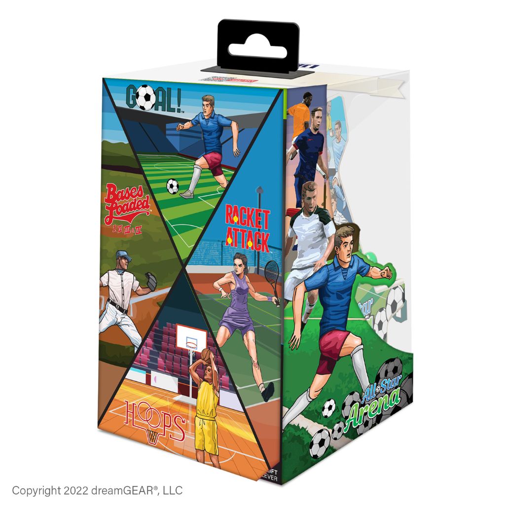 Box packaging for a sports-themed product with various sports graphics on a white background.