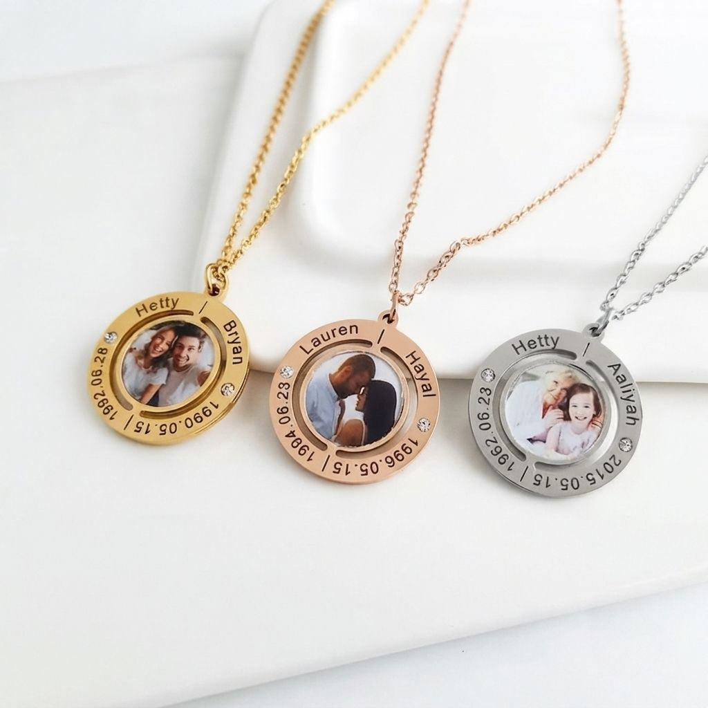 Engraved Photo Double Round Disc Necklace