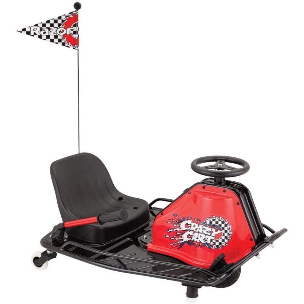Red and black go-kart with a flag on a white background