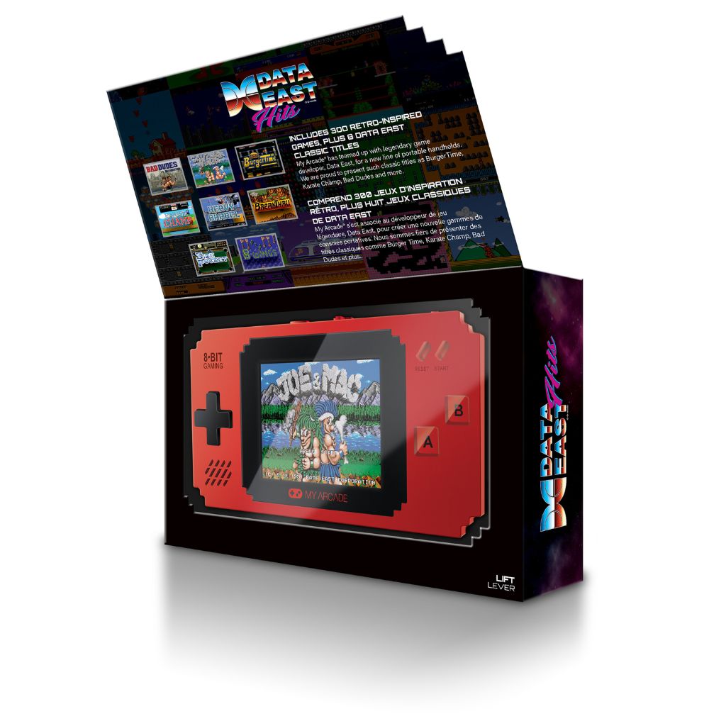 Red handheld gaming console with screen displaying a game, surrounded by Data East branded packaging.