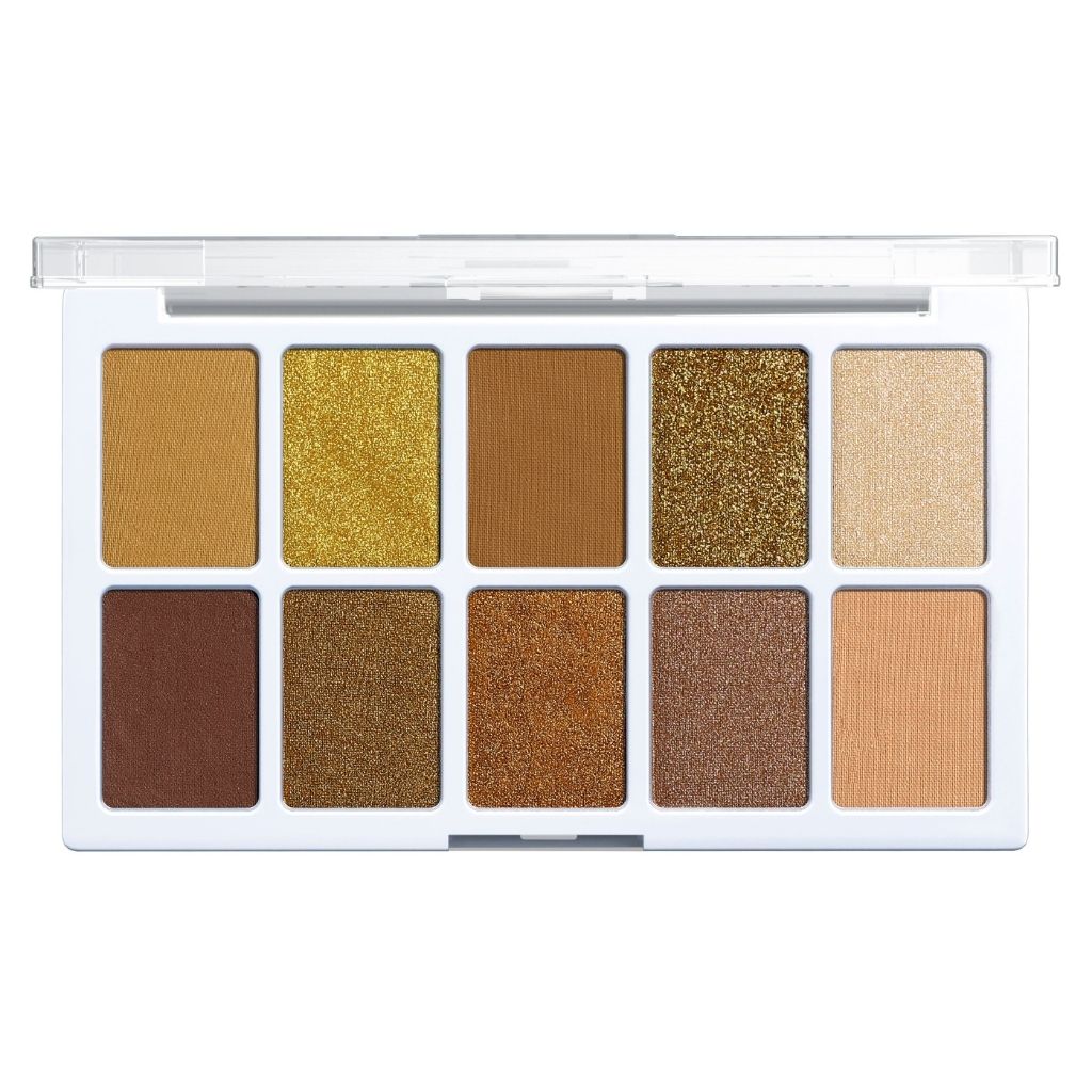 Makeup eyeshadow palette with brown and gold shades on a white background