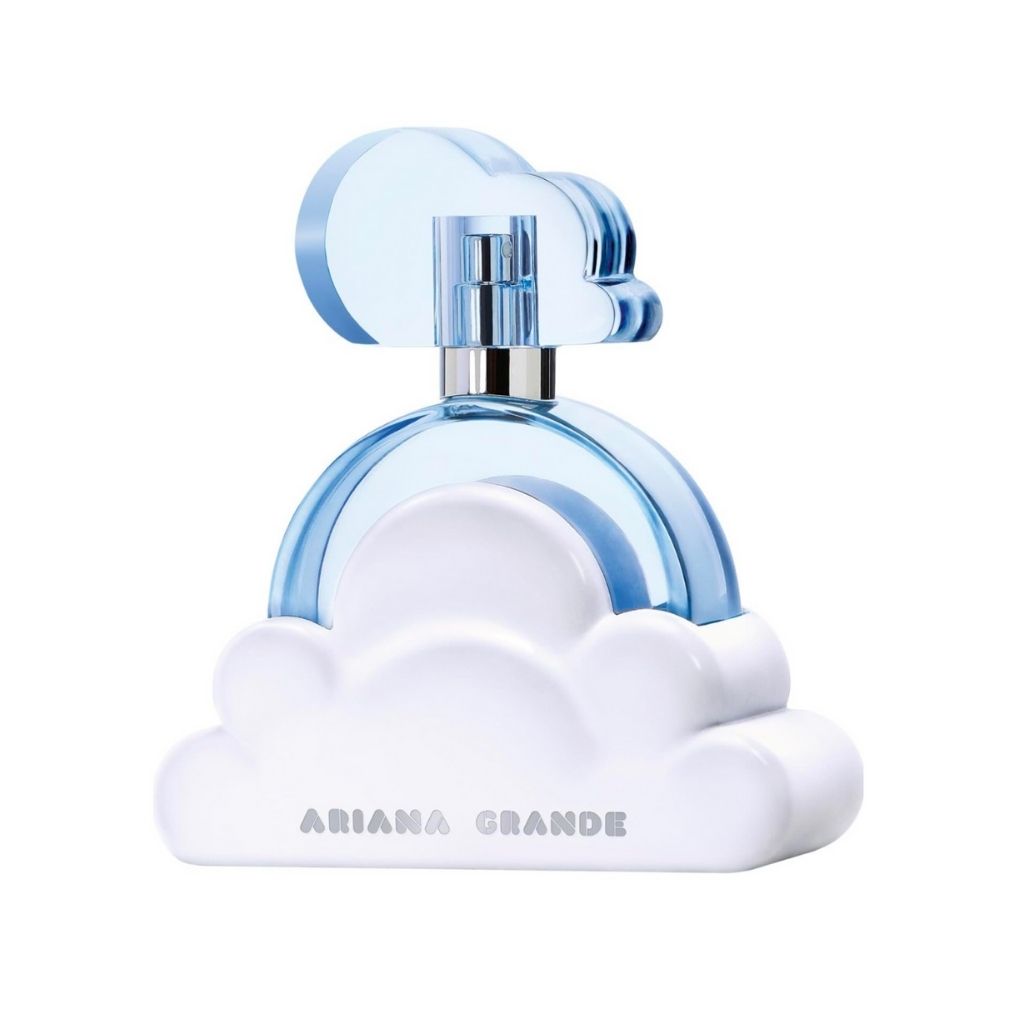 Perfume bottle with blue and white design on a white background