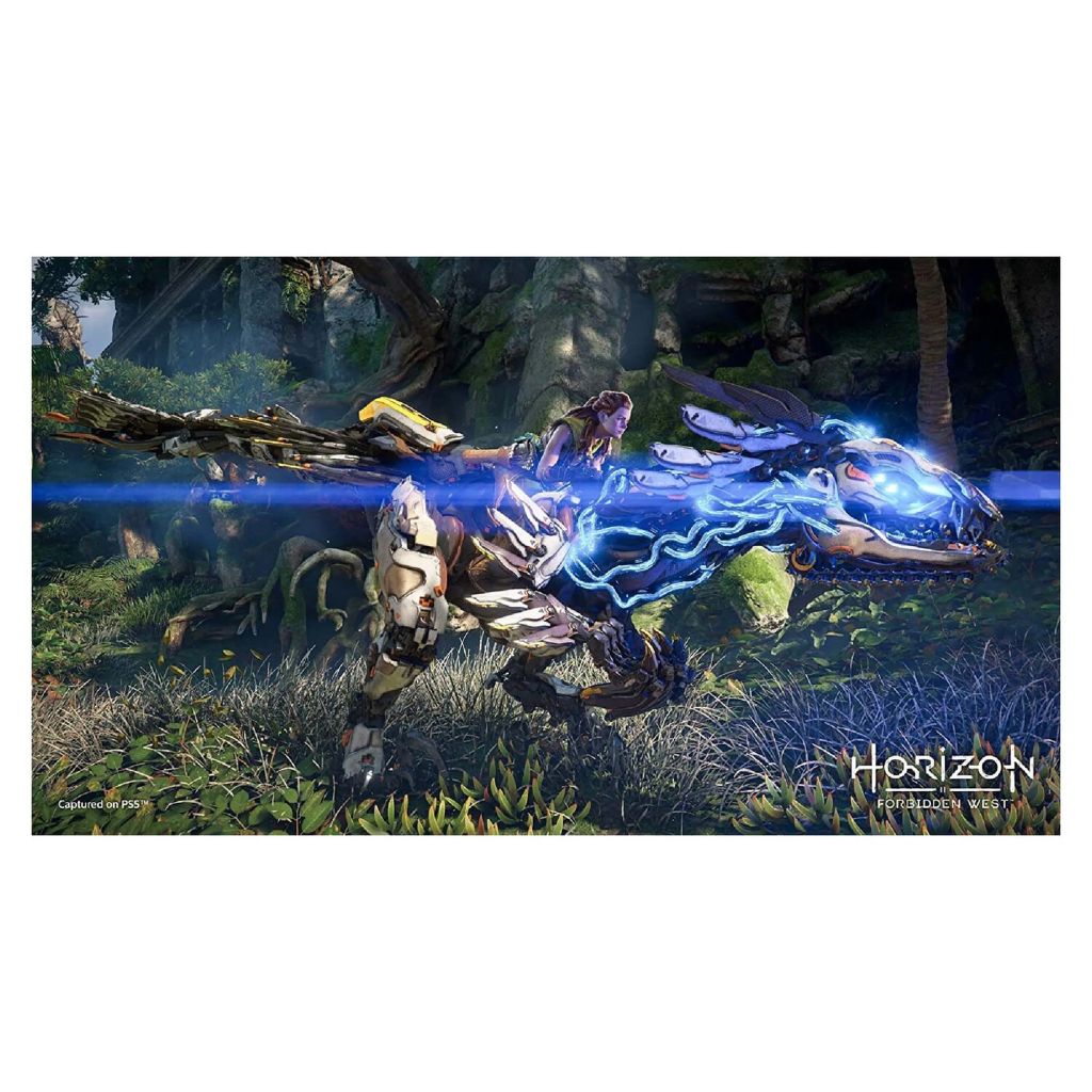 Character riding a dragon with glowing blue energy in a forest setting, featuring the 'Horizon' logo.