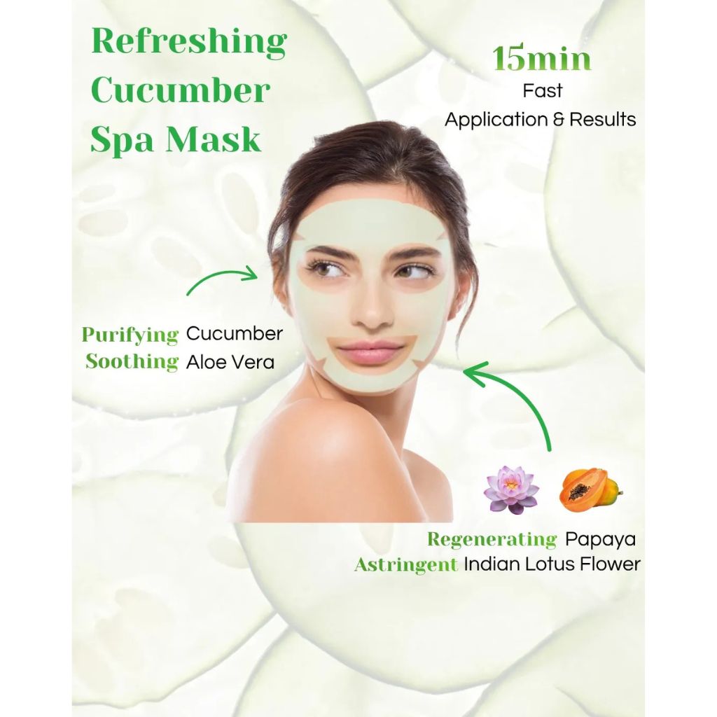 Woman wearing a refreshing cucumber spa mask with product features highlighted.
