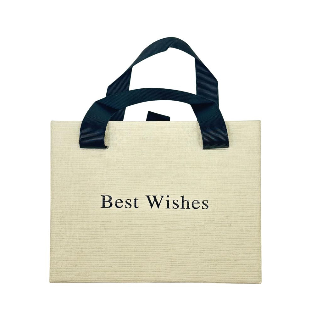 Beige gift bag with black text 'Best Wishes' and black handles on a white background