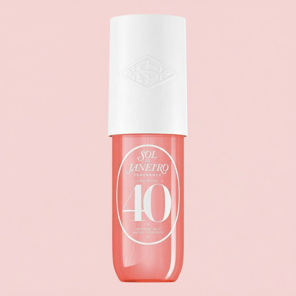 Perfume bottle with white cap and pink body on a light pink background