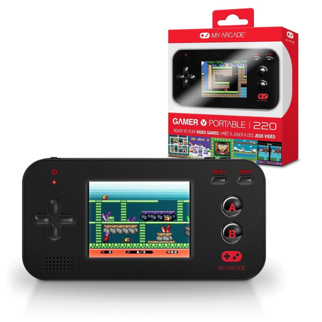 Handheld gaming console with screen displaying game and packaging labeled 'My Arcade' on a white background