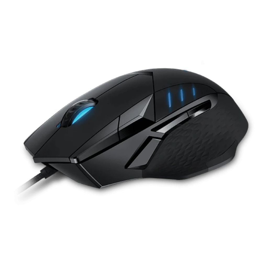 Black gaming mouse with blue lights on a white background