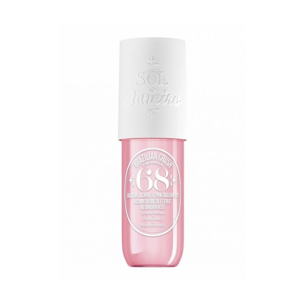 Skincare bottle with pink and white design on a white background