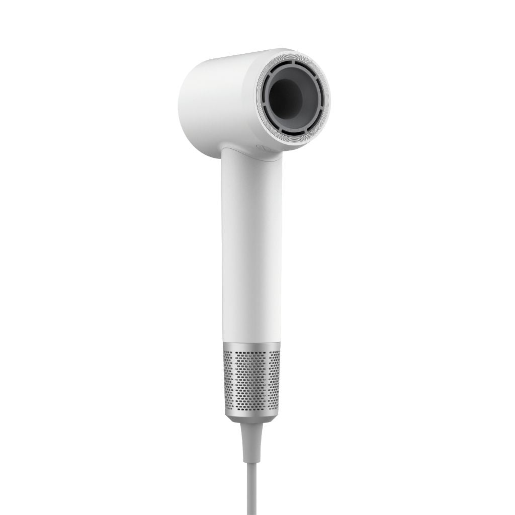 White hair dryer on a white background
