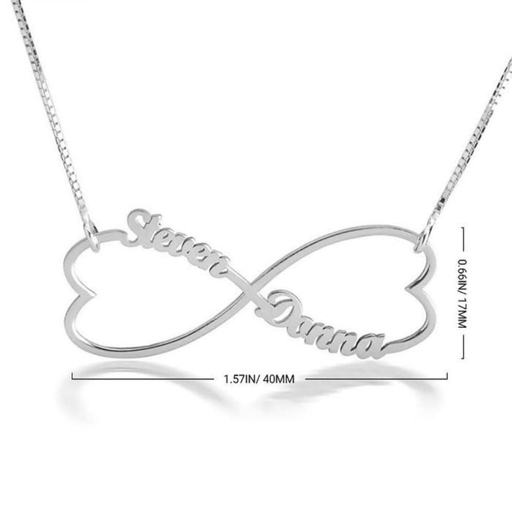 Silver necklace with 'Infinite Love' design on a white background