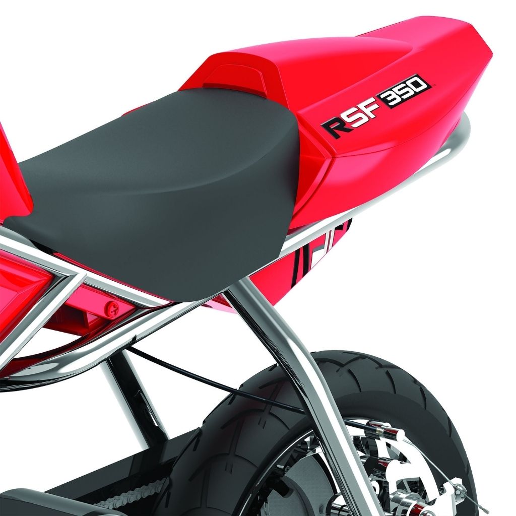 Red motorcycle seat with 'RSF 350' branding on a white background