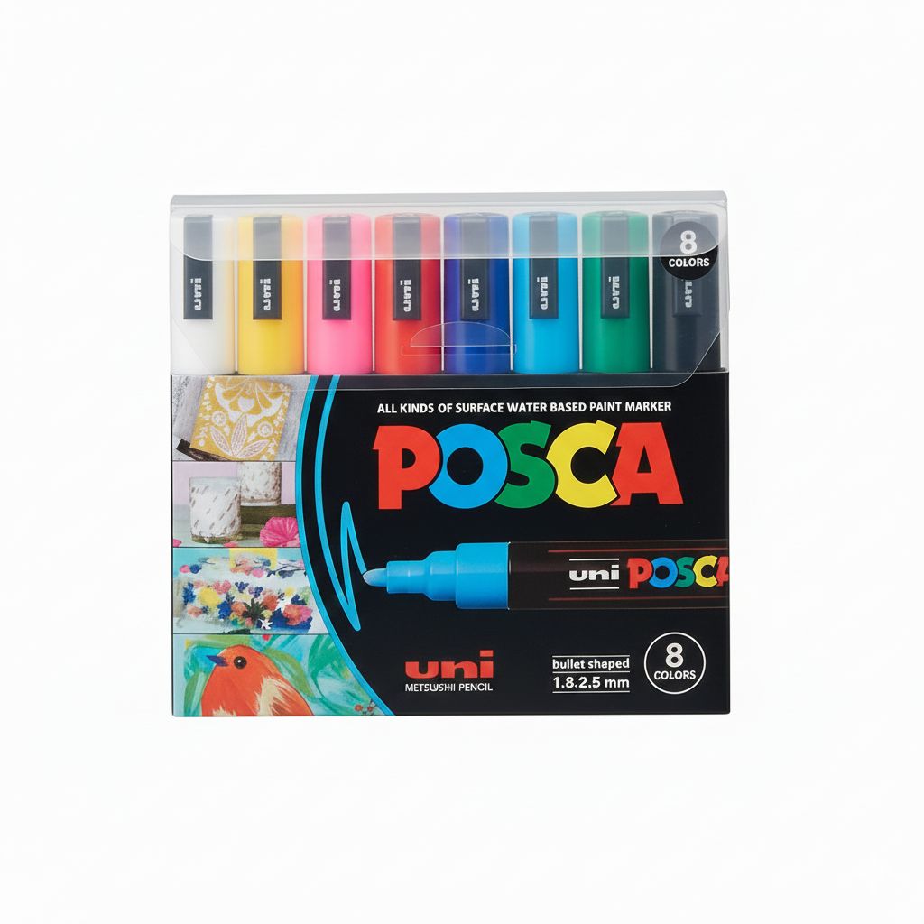 Pack of Posca markers with colorful caps on a white background