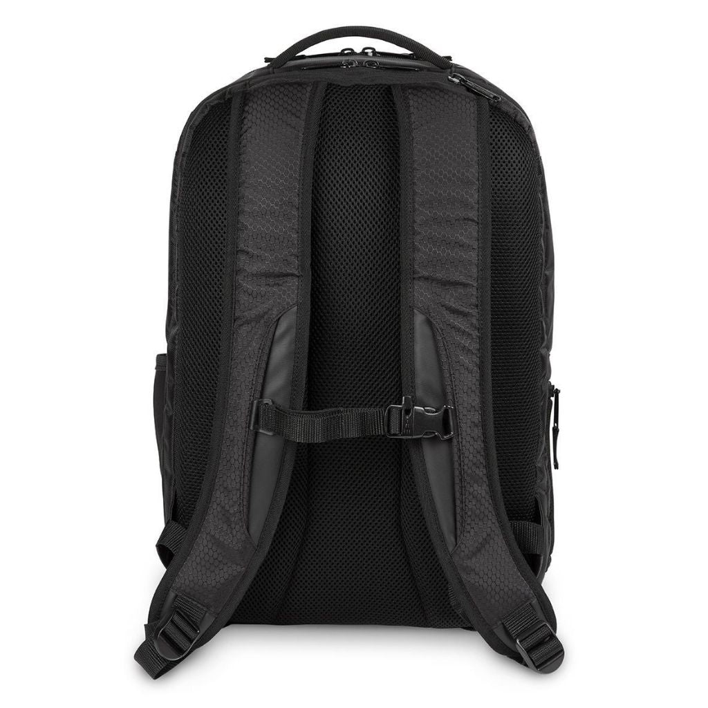 Black backpack shown from the back on a white background