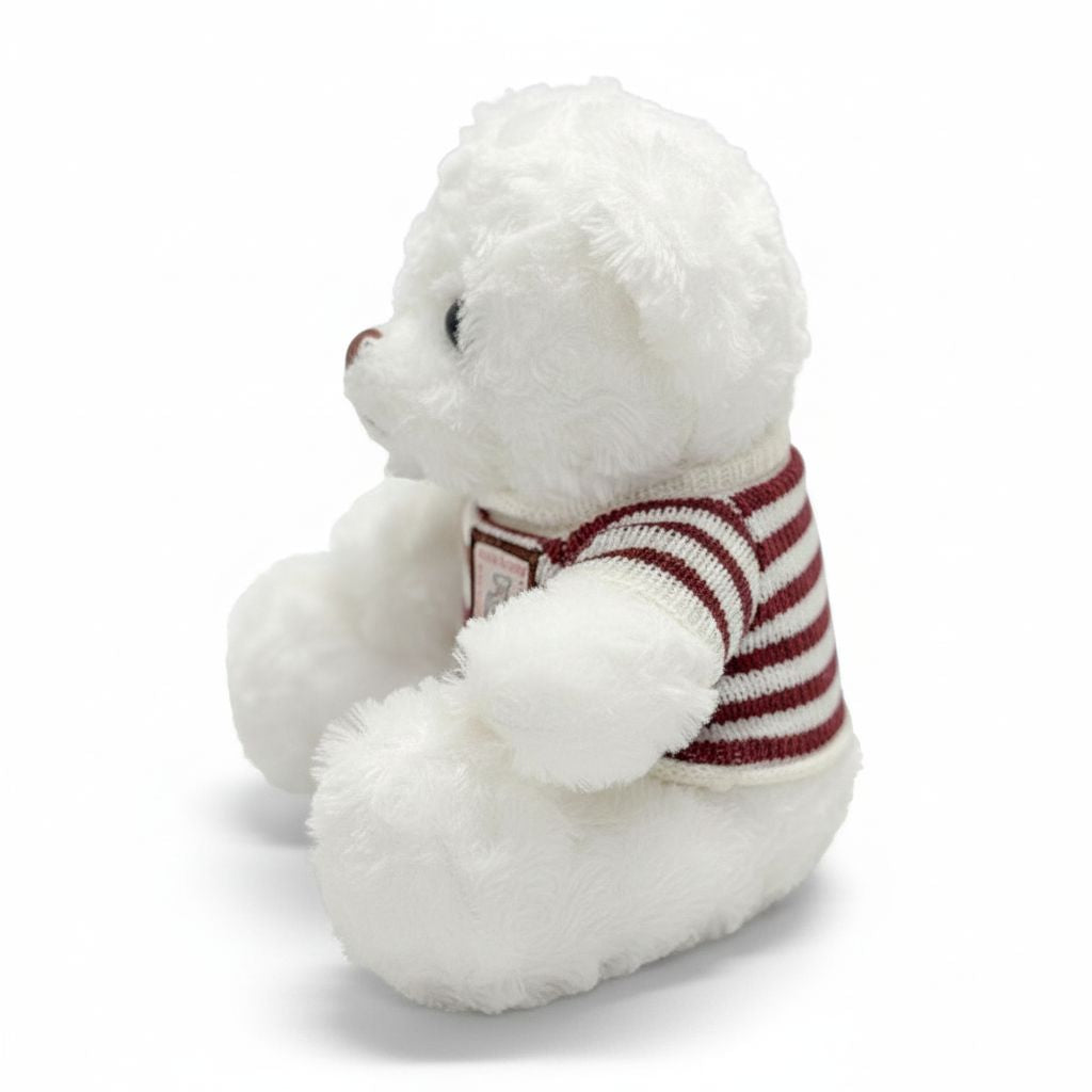 White teddy bear wearing a red and white striped sweater on a white background