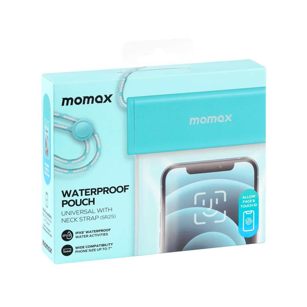 Momax waterproof pouch packaging with a white background