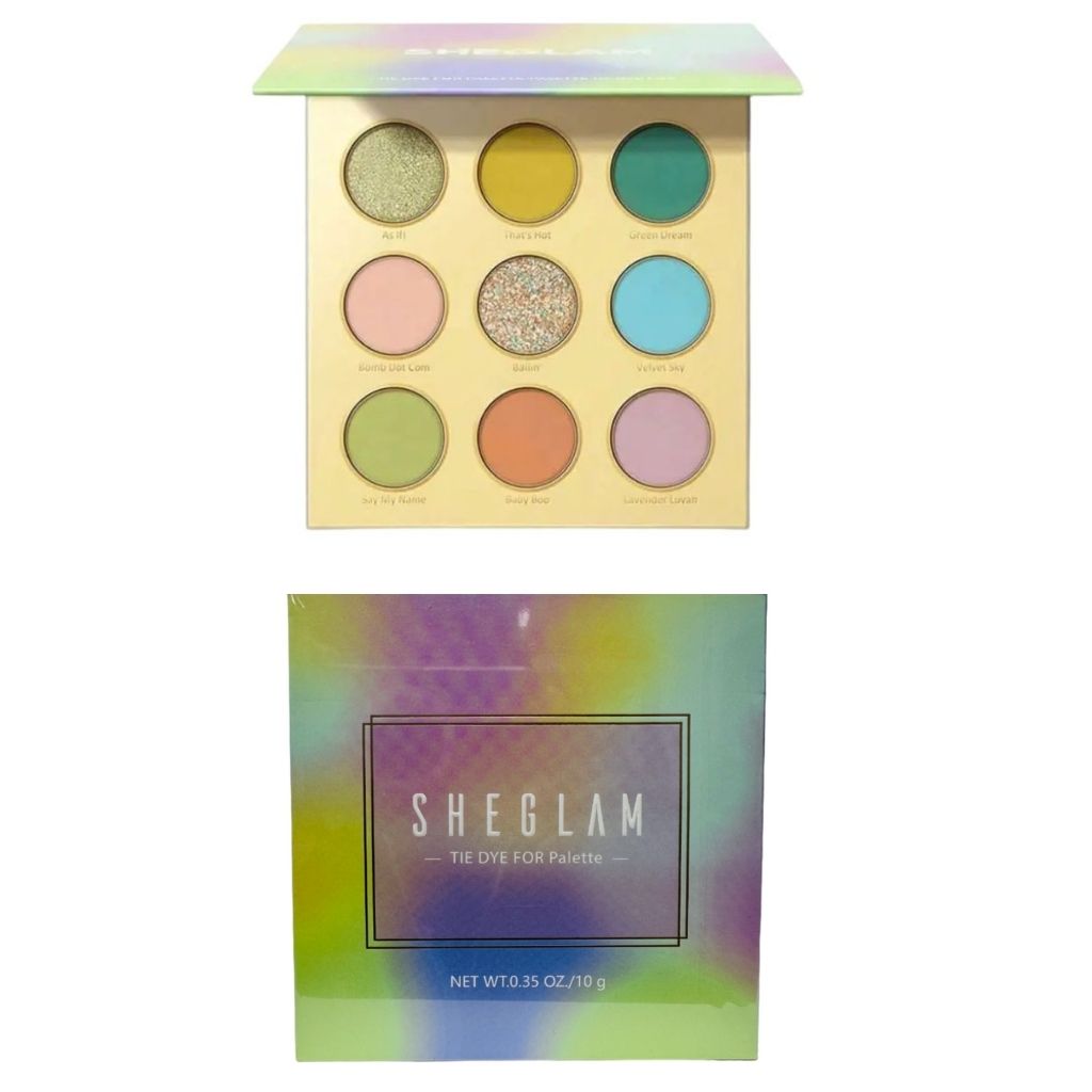 Sheglam makeup palette with colorful eyeshadows and packaging on a white background