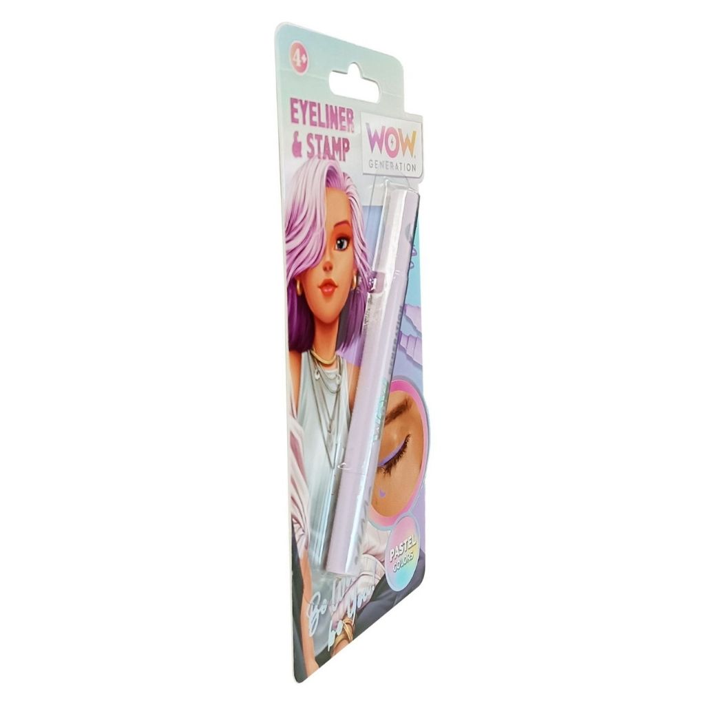 Eyeliner and stamp set packaging with a character design on a white background