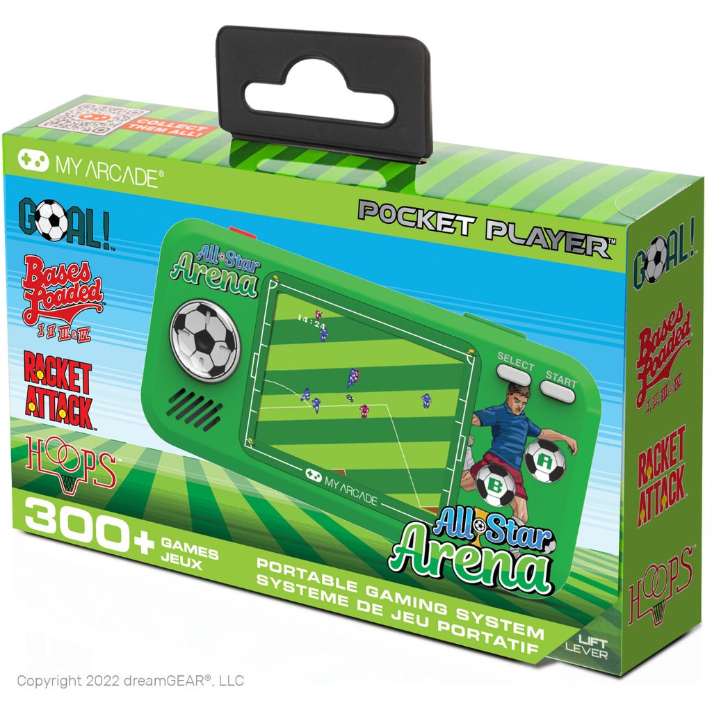 Green packaging of a portable gaming system with soccer-themed graphics on a white background