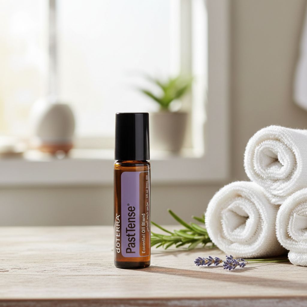 doTERRA PastTense essential oil blend on a wooden surface with towels and plants in the background